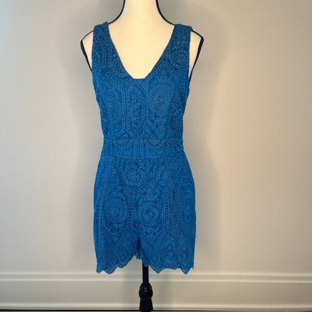 Adelyn Rae Vibrant Blue Romper with Lace Overlay, Size Small